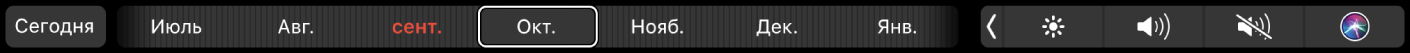 Панель Touch Bar в Календаре. Показаны кнопка «Сегодня» и бегунок для выбора месяца.