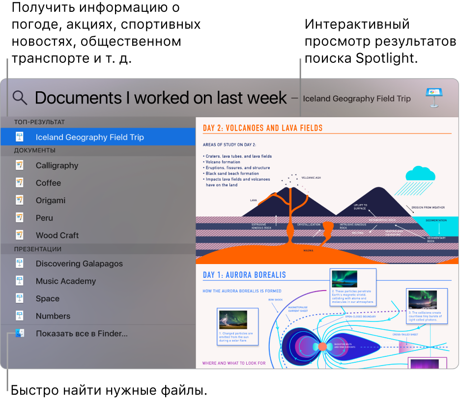 Окно Spotlight, в котором слева показаны результаты поиска, а справа — область предварительного просмотра.