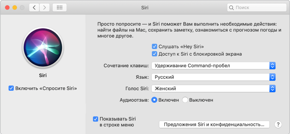 Окно настроек Siri, в котором слева отмечена галочка включения «Спросите Siri», а справа содержатся параметры настройки Siri, например «Слушать "Привет, Siri!"».