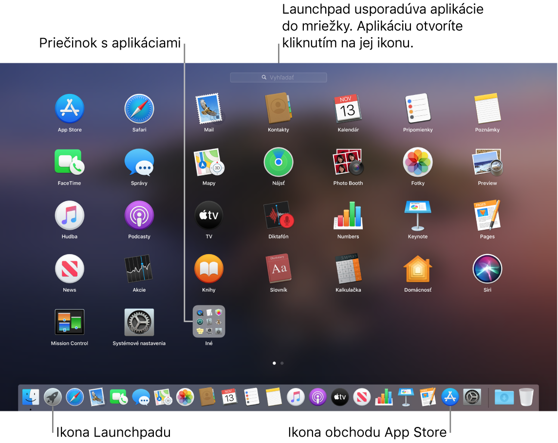 Obrazovka Macu s otvoreným Launchpadom, v ktorom je znázornený priečinok s aplikáciami v Launchpade, a ikony Launchpadu a Mac App Storu v Docku.
