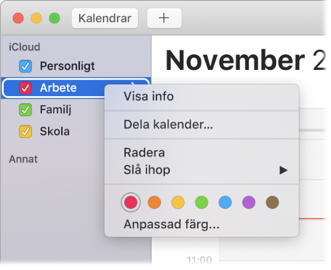 Kontextmeny för Kalender med alternativ för att anpassa en kalenders färg.