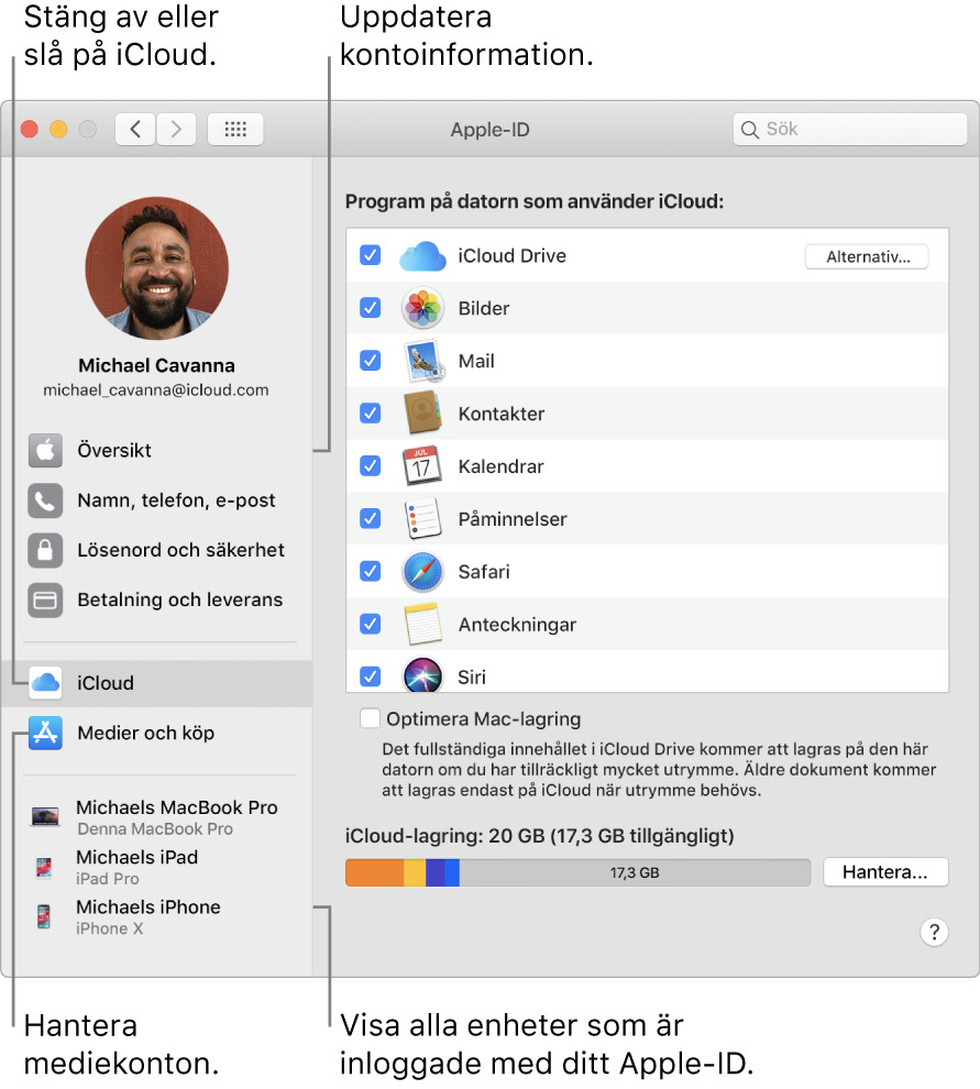 Panelen Apple‑ID i Systeminställningar. Klicka på ett objekt i sidofältet för att uppdatera din kontoinformation, slå på eller stänga av iCloud, hantera mediekonton eller se alla enheter där du är inloggad med ditt Apple‑ID.