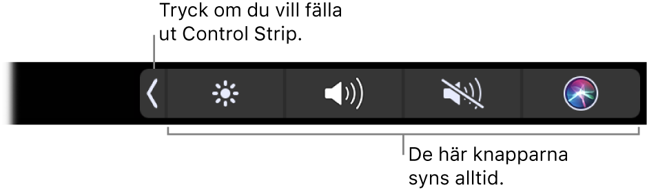 En delbild av den Touch Bar som är förval med en ihopfälld Control Strip. Tryck på knappen som fäller ut Control Strip när du vill se den i sin helhet.
