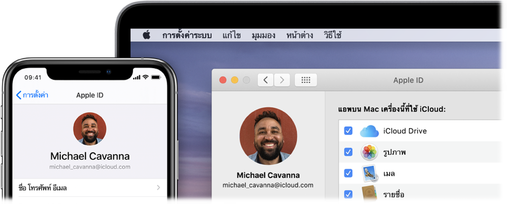 iPhone ที่แสดงการตั้งค่า iCloud และหน้าจอ Mac ที่แสดงหน้าต่าง iCloud
