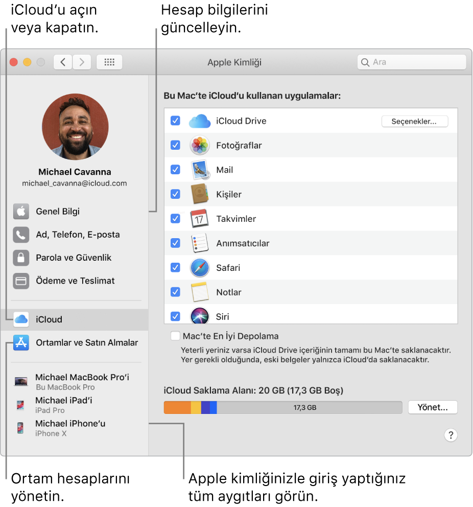 Sistem Tercihleri’ndeki Apple Kimliği bölümü. Hesap bilgilerinizi güncellemek, iCloud’u açıp kapatmak, ortam hesaplarını yönetmek veya Apple kimliğinizle giriş yapmış tüm aygıtları görmek için kenar çubuğundaki bir öğeyi tıklayın.