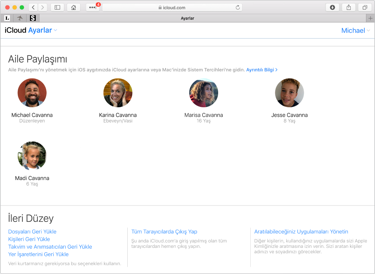 iCloud.com üzerinde Aile Paylaşımı ayarlarını gösteren bir Safari penceresi.