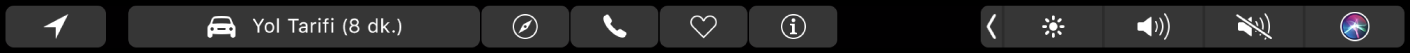 Güzergâhı öğrenmek için yol tarifine nasıl dokunabileceğinizi gösteren veya Safari’ye dokunma, arama, favori ve bilgi düğmeleriyle Harita Touch Bar’ı.