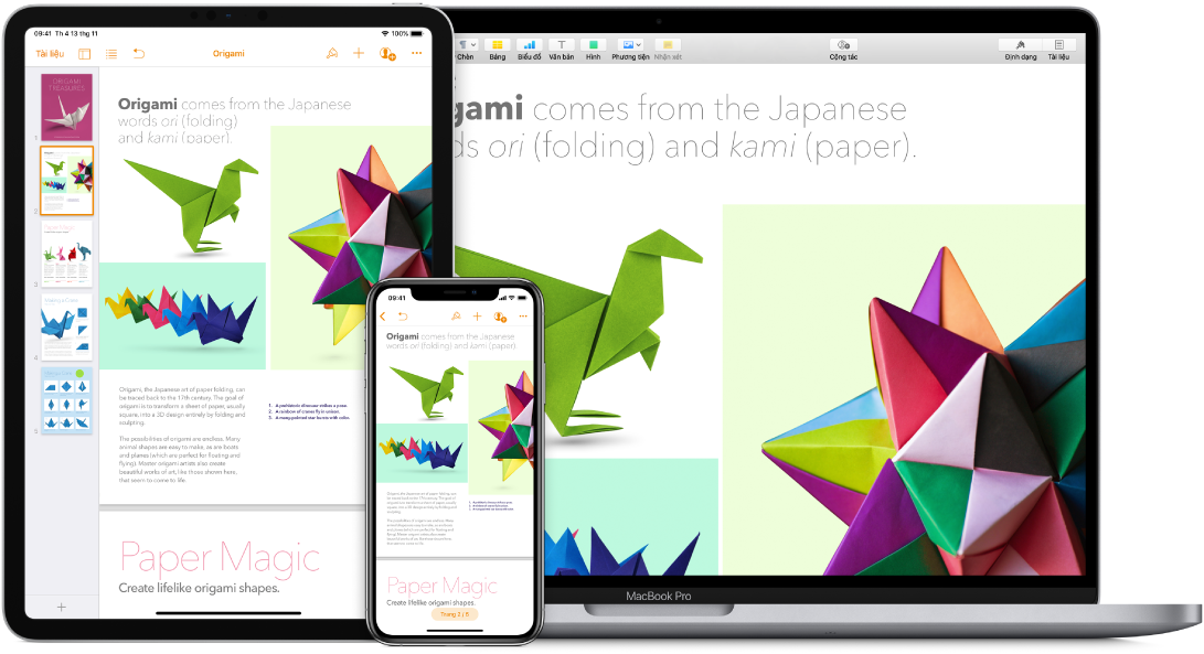 Cùng một nội dung được hiển thị trên một MacBook Pro, một iPad và một iPhone.