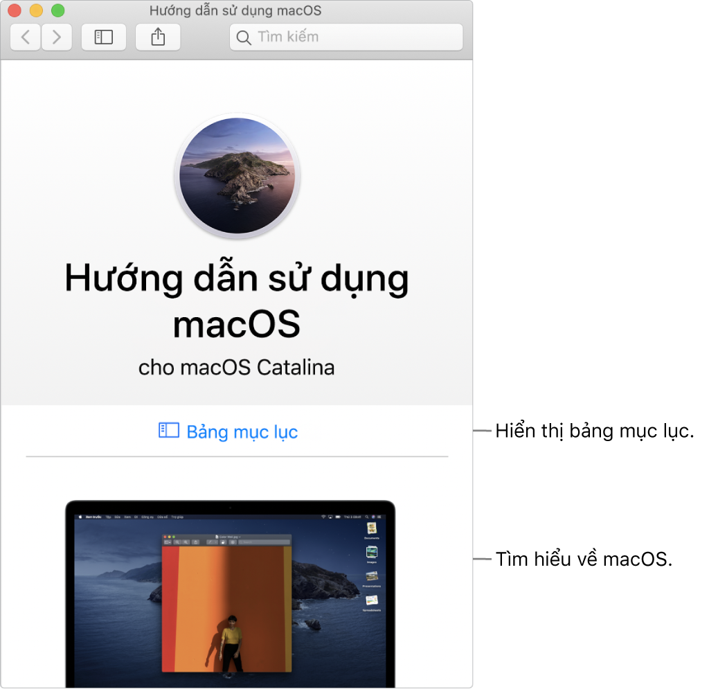 Trang chào mừng Hướng dẫn sử dụng macOS đang hiển thị liên kết Bảng mục lục.