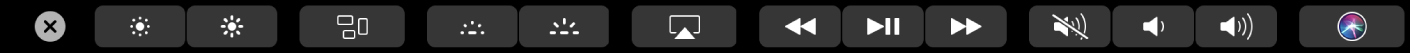 觸控列上的功能列為開啟狀態，顯示螢幕亮度、「指揮中心」、「啟動台」、鍵盤亮度、媒體控制項目、音量和 Siri 的按鈕。