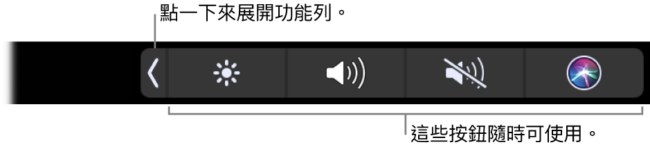 預設觸控列畫面的一部分，顯示收合的功能列。點一下展開按鈕來顯示完整的功能列。