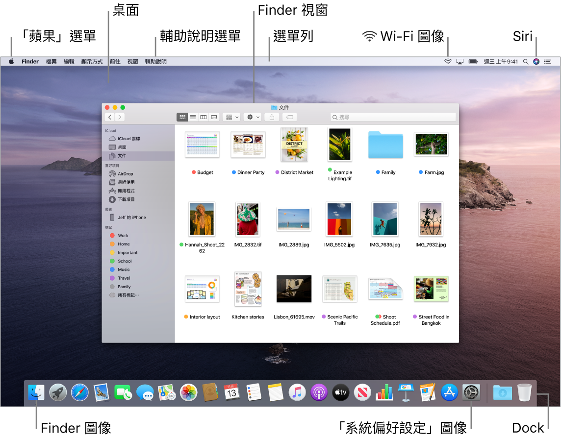 Mac 螢幕顯示「蘋果」選單、桌面、「輔助說明」選單、Finder 視窗、選單列、Wi-Fi 圖像、「跟 Siri 對話」圖像、Finder 圖像、「系統偏好設定」圖像以及 Dock。