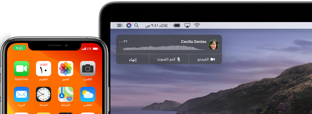 شاشة Mac تعرض نافذة إشعار المكالمة في الزاوية العلوية اليسرى، وiPhone يعرض أن مكالمة ما قيد التقدم من خلال الـ Mac.