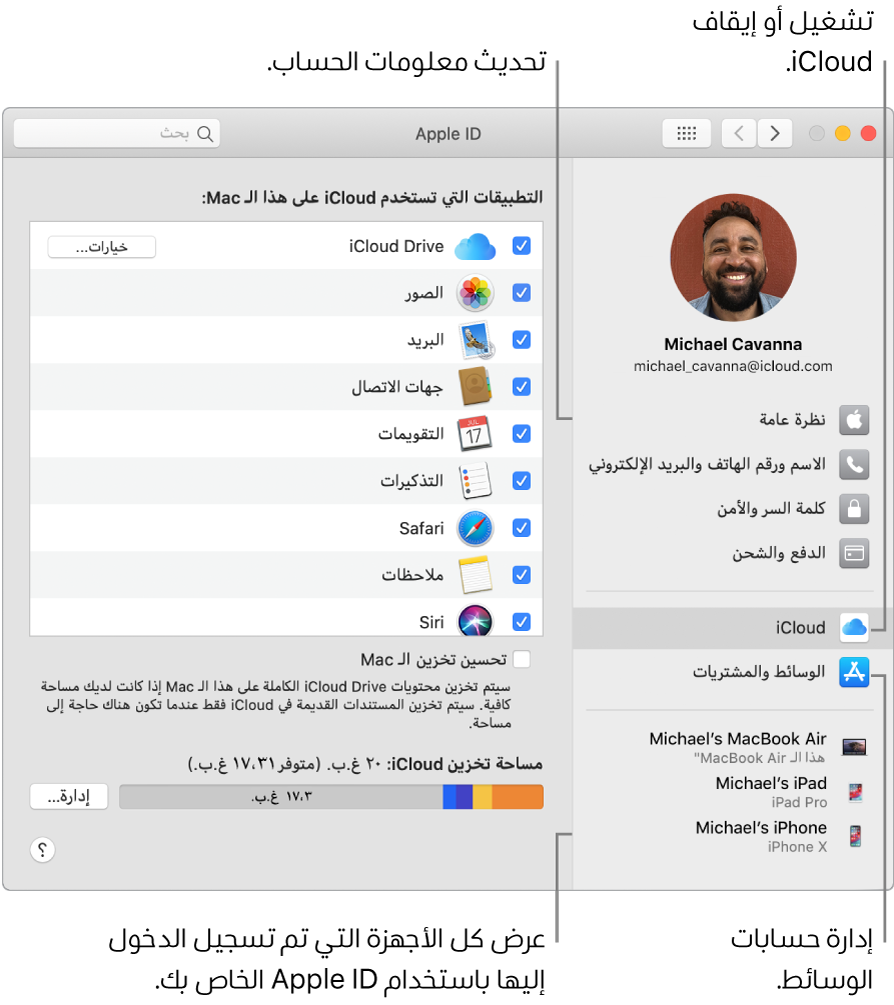 جزء Apple ID في تفضيلات النظام. انقر على عنصر في الشريط الجانبي لتحديث معلومات حسابك وتشغيل iCloud أو إيقافه وإدارة حسابات الوسائط وعرض جميع الأجهزة التي سجلت الدخول عليها باستخدام Apple ID.