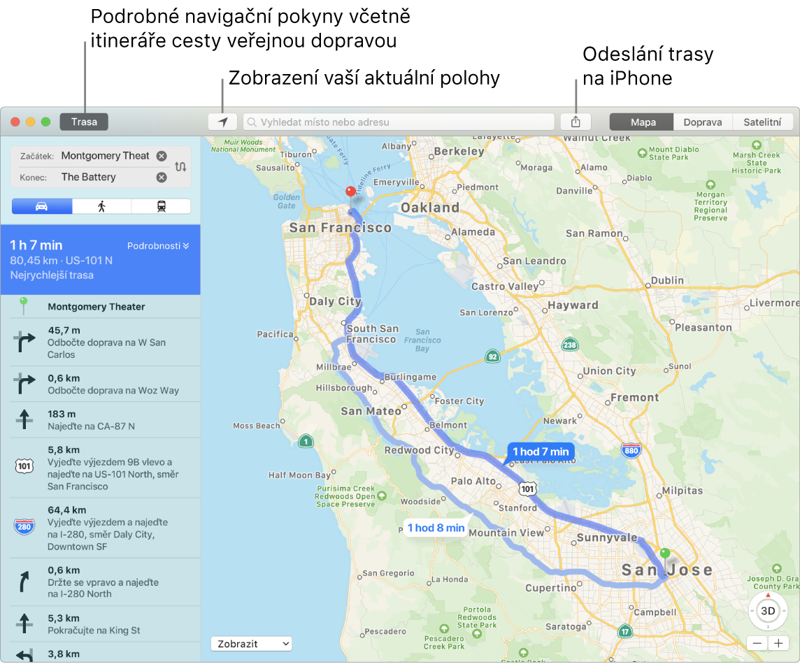 Okno aplikace Mapy s informacemi o tom, jak zjistit trasu kliknutím na tlačítko Trasa vlevo nahoře a jak ji odeslat do iPhonu tlačítkem Sdílet