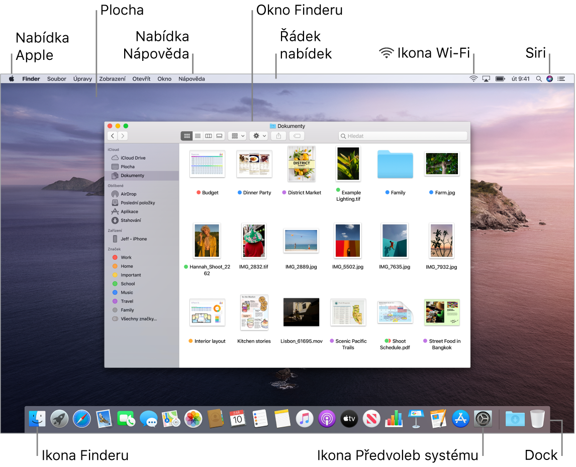 Obrazovka Macu, na níž je vidět nabídka Apple, plocha, nabídka Nápověda, okno Finderu, řádek nabídek, ikona Wi‑Fi, ikona Siri, ikona Finderu, ikona předvoleb systému a Dock