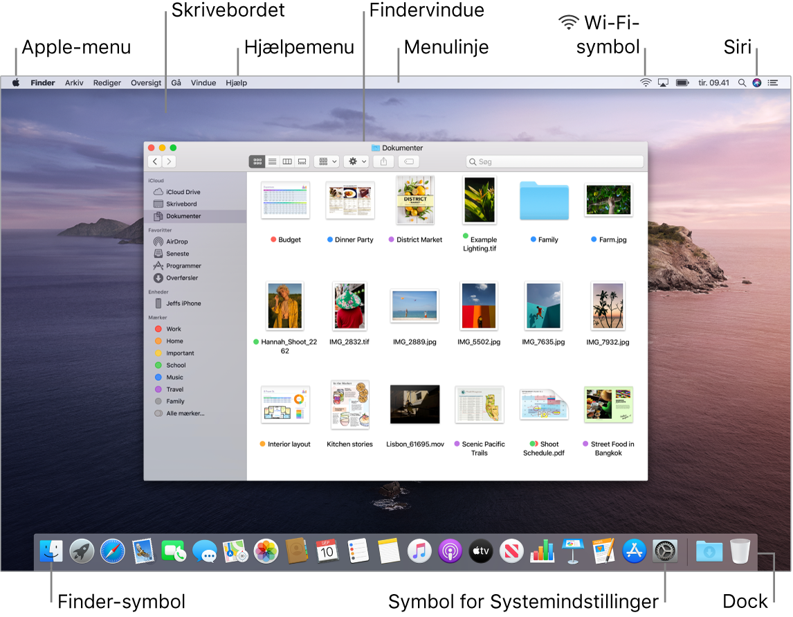 En Mac-skærm med Apple-menuen, skrivebordet, Hjælpemenuen, et Findervindue, menulinjen, Wi-Fi-symbolet, symbolet for Spørg Siri, symbolet for Finder, symbolet for Systemindstillinger og Dock.