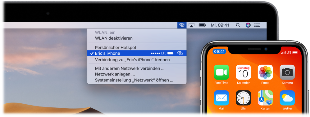 Der Mac-Bildschirm mit dem WLAN-Menü, in dem ein mit dem iPhone verbundener persönlicher Hotspot zu sehen ist