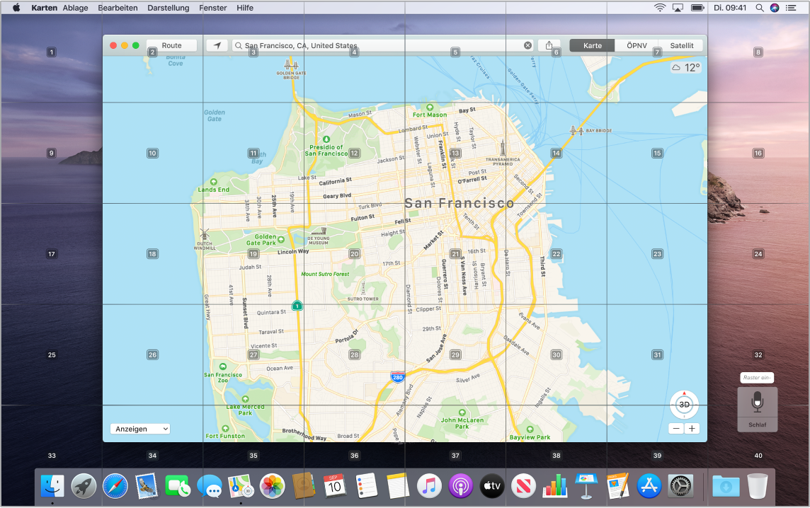 Auf dem Schreibtisch werden Karten angezeigt, die von einem Raster überlagert sind.
