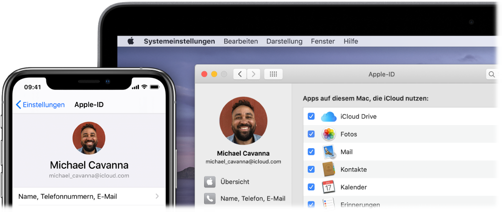 Ein iPhone, auf dem die iCloud-Einstellungen zu sehen sind, und ein Mac-Bildschirm mit dem iCloud-Fenster