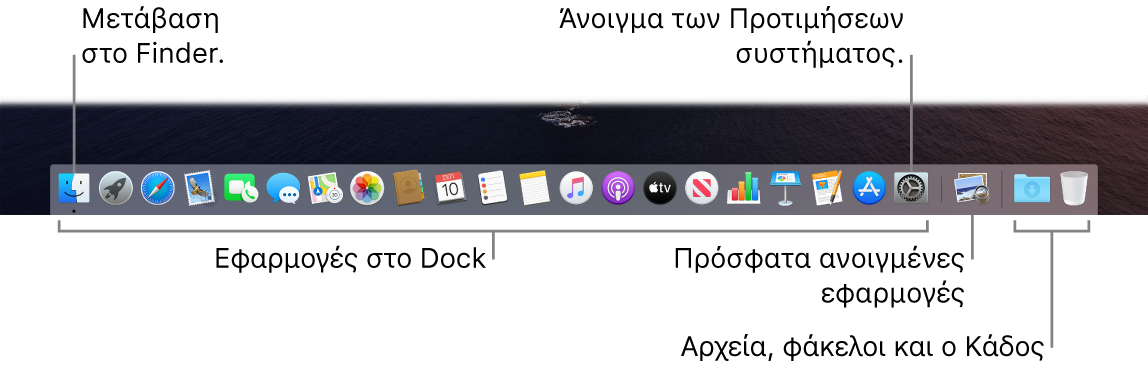 Το Dock, στο οποίο φαίνεται το Finder, οι Προτιμήσεις συστήματος και η γραμμή στο Dock που διαχωρίζει τις εφαρμογές από τα αρχεία και τους φακέλους.