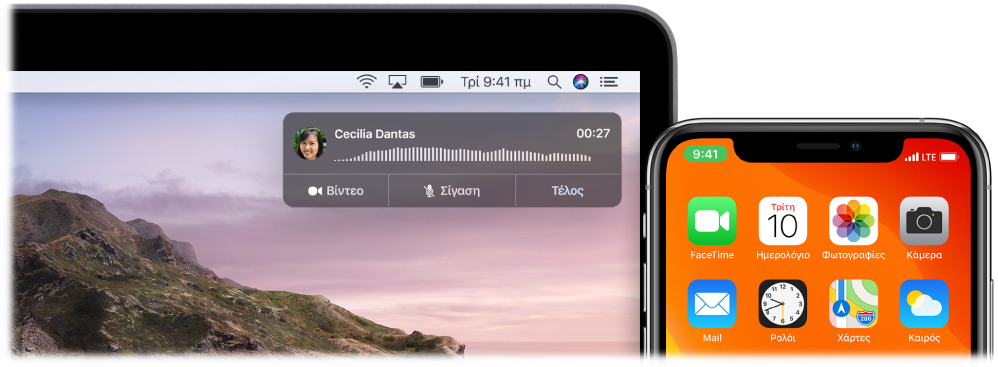Οθόνη του Mac στην οποία εμφανίζεται το παράθυρο γνωστοποίησης κλήσης στην επάνω δεξιά γωνία και ένα iPhone στο οποίο φαίνεται ότι βρίσκεται σε εξέλιξη μια κλήση μέσω του Mac.