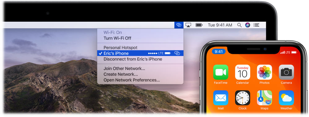 A Mac screen with the Wi-Fi menu showing a Personal Hotspot connected to an iPhone.