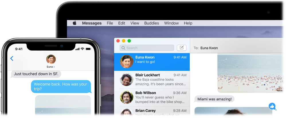 The Messages app open on a Mac, showing the same conversation in Messages on an iPhone.