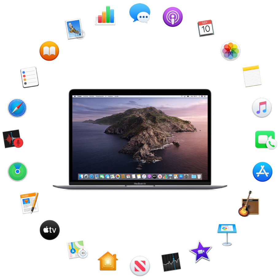 Una MacBook Air rodeada de íconos de las apps integradas y que se describen en las siguientes secciones.