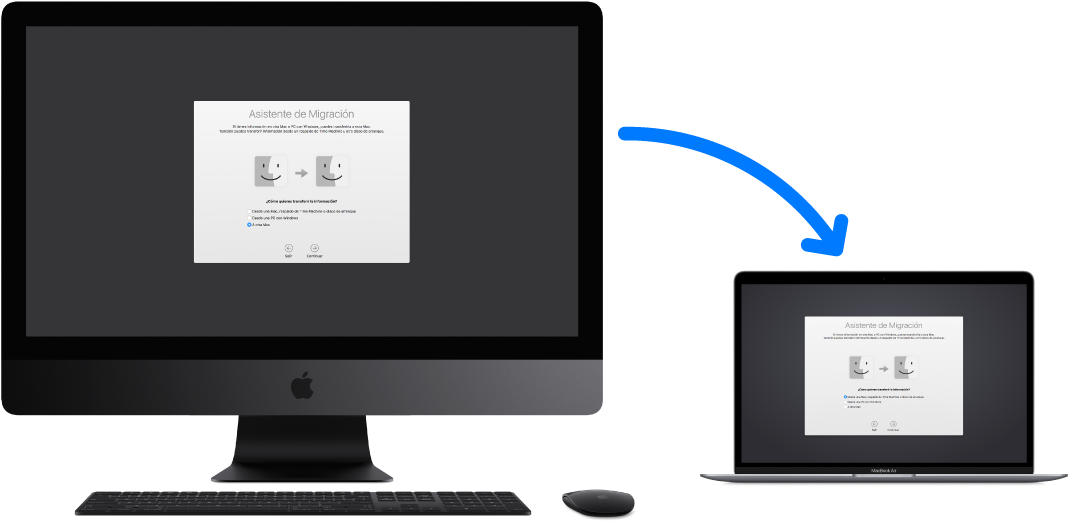 Una iMac mostrando la pantalla del Asistente de Migración, conectada a una MacBook Air nueva que también tiene la pantalla del Asistente de Migración abierta.