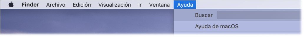 Parte de un escritorio con el menú Ayuda abierto, mostrando las opciones del menú Buscar y Ayuda de macOS.