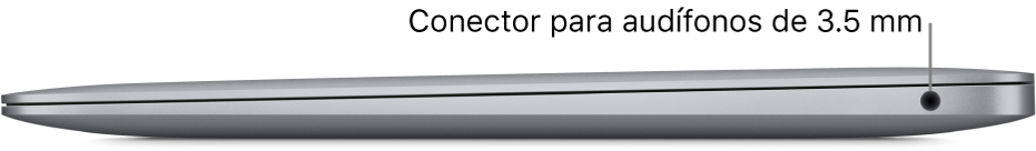 La vista lateral derecha de una MacBook Air con texto indicando el conector dual de 3.5 mm para audífonos.