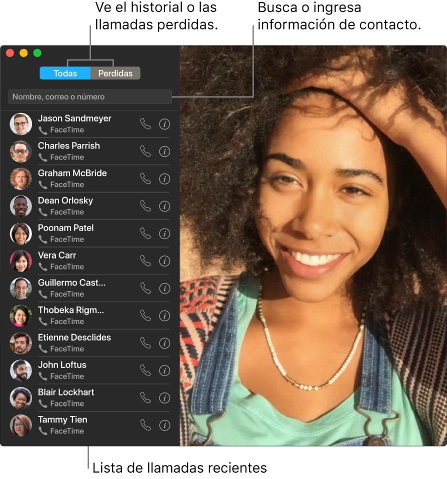 Ventana de FaceTime mostrando cómo realizar una llamada de audio o de video, usar el campo de búsqueda para ingresar o buscar detalles de un contacto y ver la lista de llamadas recientes.