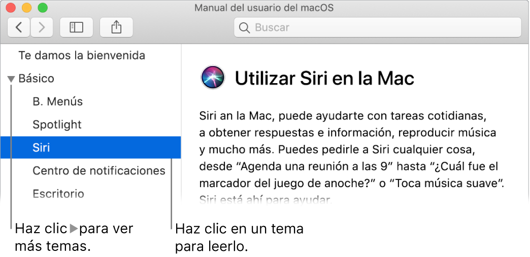 Visor de Ayuda mostrando cómo ver temas en la barra lateral y cómo mostrar el contenido de un tema.