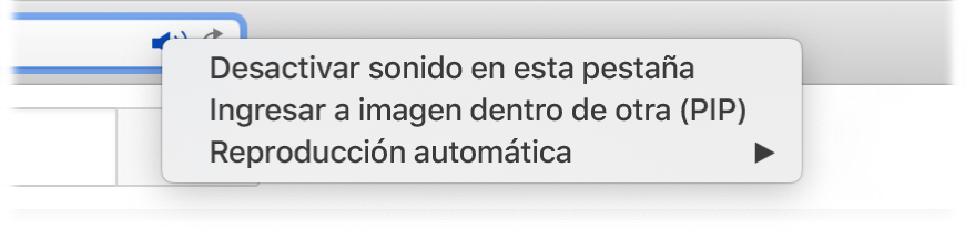 El menú secundario del ícono Audio, con las opciones “Desactivar sonido en esta pestaña”, “Ingresar a imagen dentro de otra (PIP)” y “Reproducción automática”.