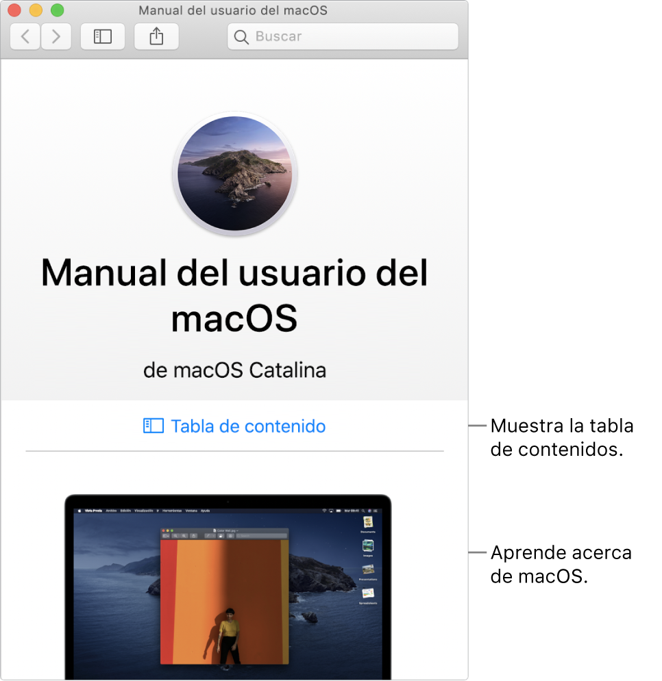 La página de bienvenida del Manual de usuario de macOS con el enlace a la tabla de contenido.