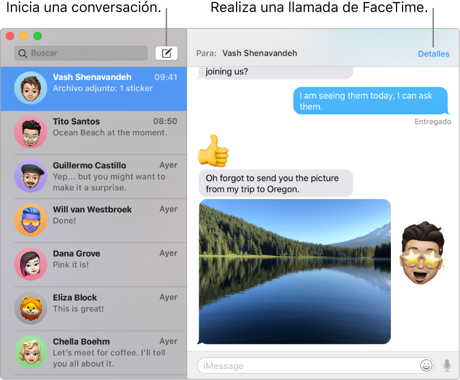 Ventana de Mensajes mostrando cómo comenzar una conversación y una llamada de FaceTime.