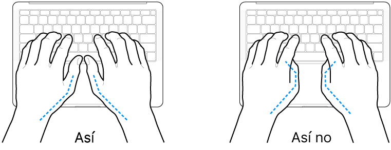 Manos posicionadas sobre un teclado, mostrando la alineación correcta e incorrecta de los pulgares.