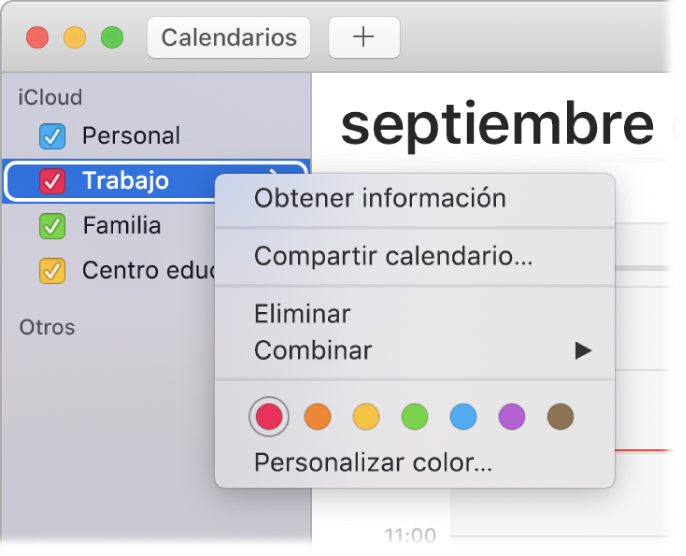 Menú de función rápida de Calendario con opciones para personalizar el color de un calendario.