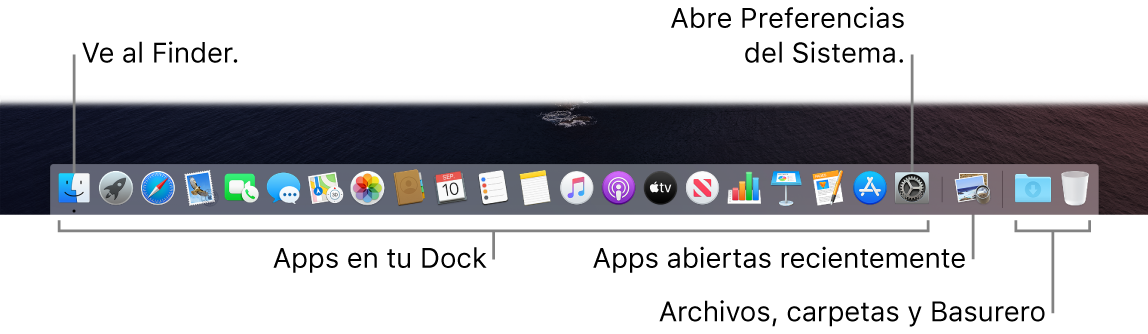 El Dock mostrando el Finder, Preferencias del Sistema y la línea que divide las apps de las carpetas y archivos.