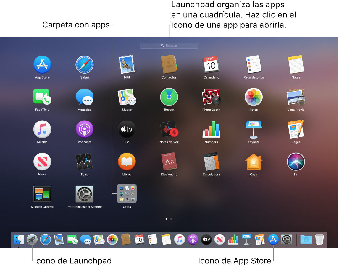 Una pantalla de Mac con Launchpad abierto, donde se muestra una carpeta de apps en Launchpad y los iconos de Launchpad y de Mac App Store en el Dock.