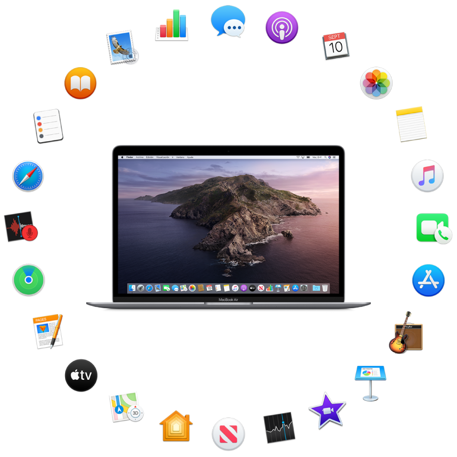 Un MacBook Air rodeado de los iconos de las apps integradas que se describen en las siguientes secciones.