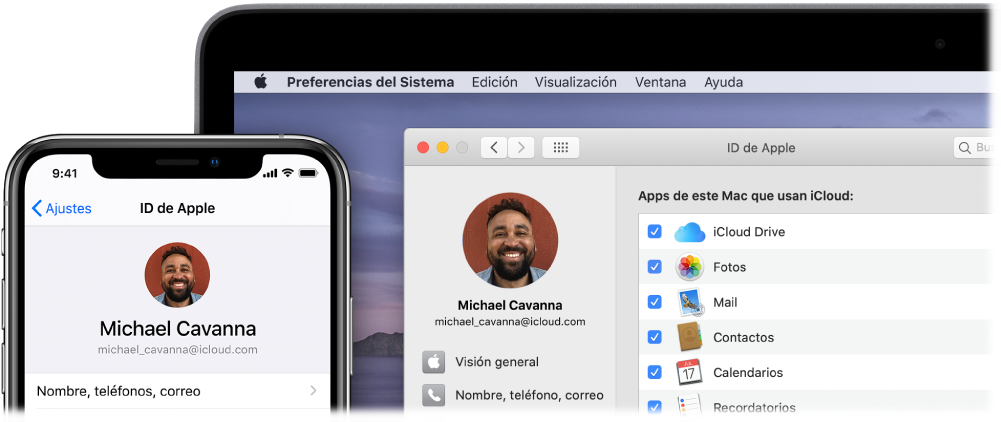 iPhone con los ajustes de iCloud y la pantalla de un Mac con la ventana de iCloud.