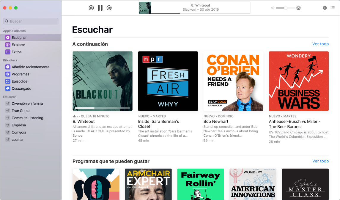 Una ventana de Podcasts que muestra el campo de búsqueda y los resultados.