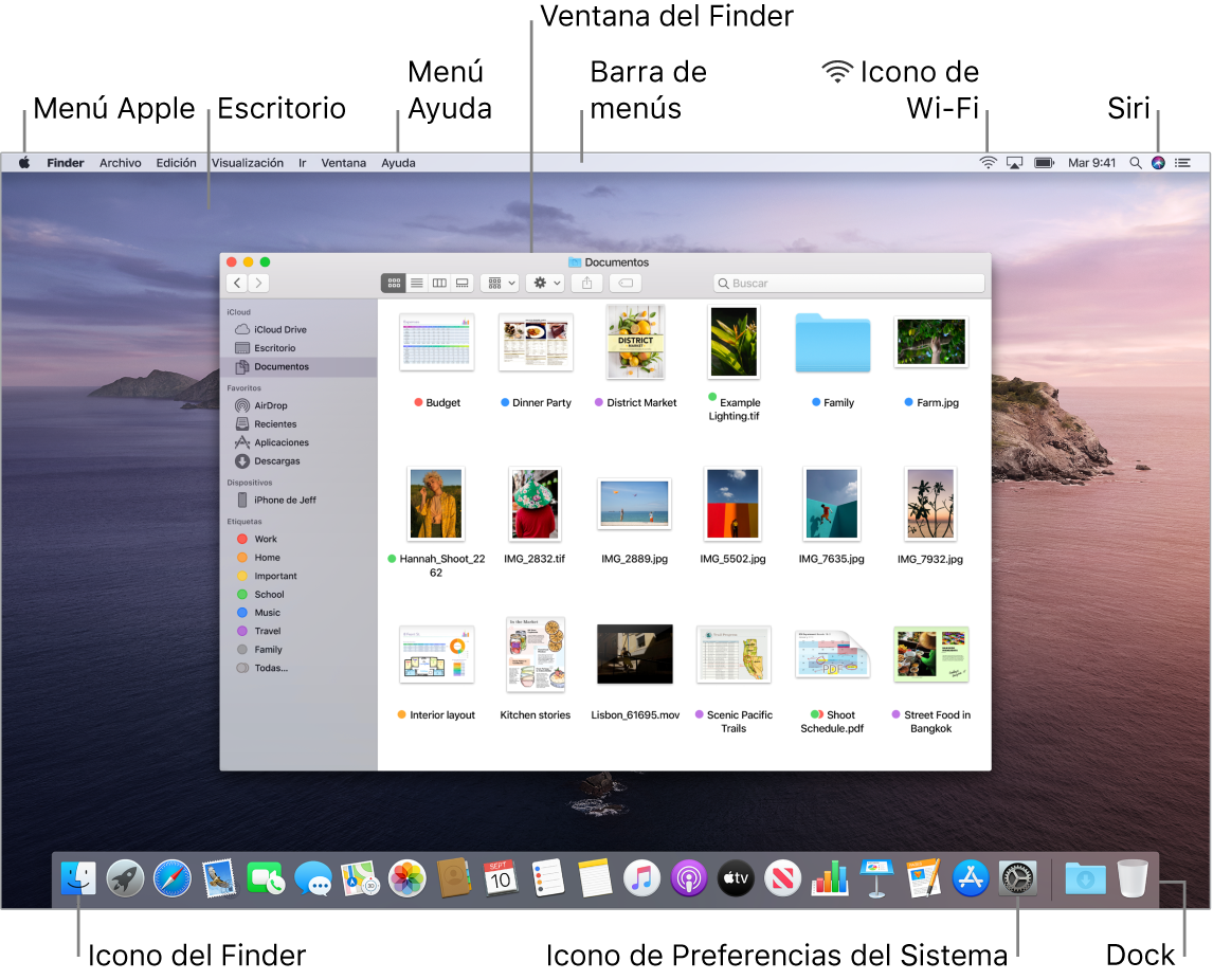 Una pantalla del Mac en la que se muestra el menú Apple, el escritorio, el menú Ayuda, una ventana del Finder, la barra de menús, el icono de Wi-Fi, el icono para preguntar a Siri, el icono del Finder, el icono de Preferencias del Sistema y el Dock.