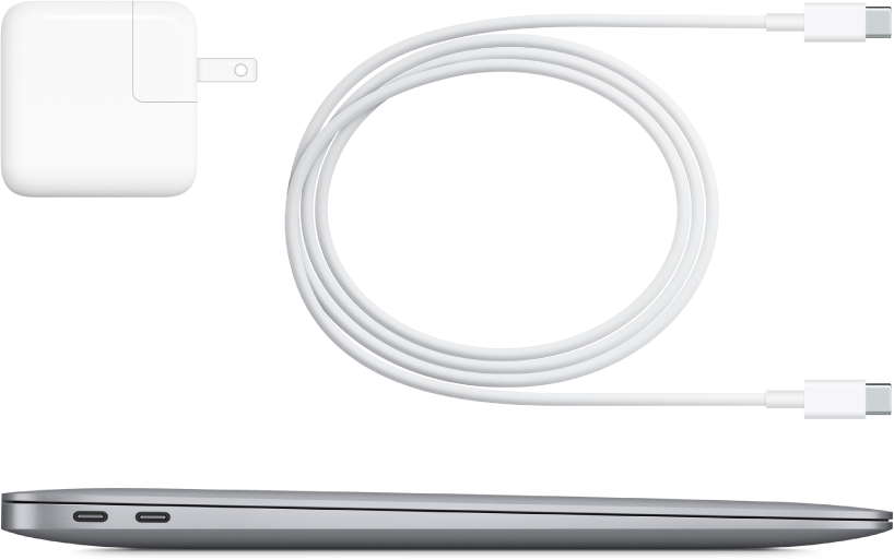 MacBook Air sivulta ja mukana tulevat lisävarusteet.
