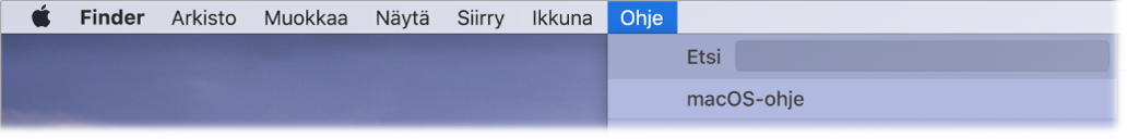 Työpöydän osa, jossa on Ohje-valikko avoinna ja jossa näkyvät Etsi- ja macOS-ohje-valikkokohdat.