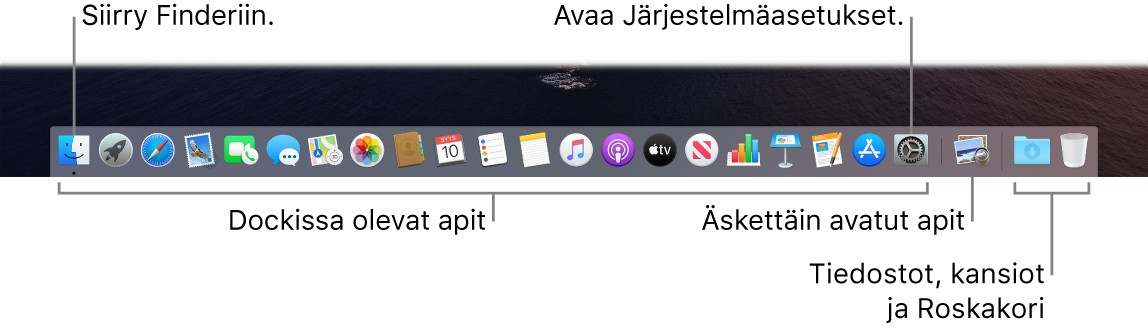 Dock, jossa näkyy Finder, Järjestelmäasetukset ja Dockissa oleva viiva, joka erottaa tiedostot ja kansioit apeista.