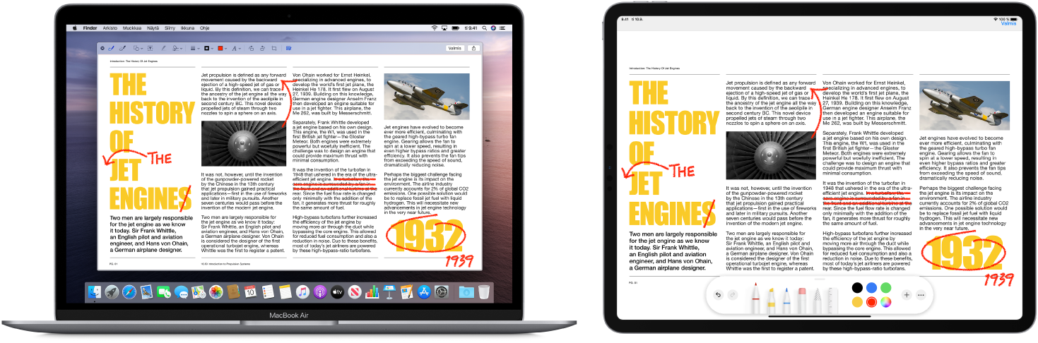 MacBook Air ja iPad ovat vierekkäin. Molemmilla näytöillä on artikkeli, johon on tehty punakynällä paljon muutoksia, kuten viivattu yli lauseita, piirretty nuolia ja lisätty sanoja. iPadin näytön alaosassa näkyy myös merkintäsäätimiä.