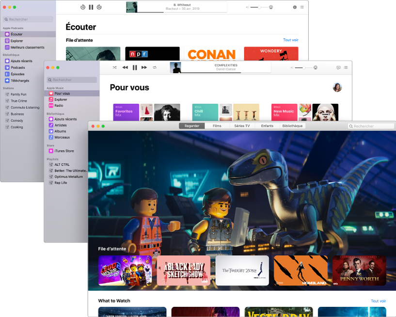 Écrans superposés des apps multimédias (Podcasts, Musique et Apple TV) avec l’Apple TV au premier plan, montrant le film La Grande Aventure Lego 2.